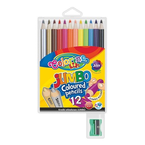 JUMBO round coloured pencils 17,5 cm 12 colours with sharpener  Colorino Kids 33107PTR