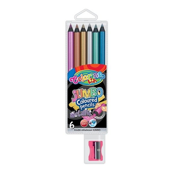 Kredki ołówkowe okrągłe Jumbo 6 kol Metallic + temperówka Colorino Kids 34661PTR