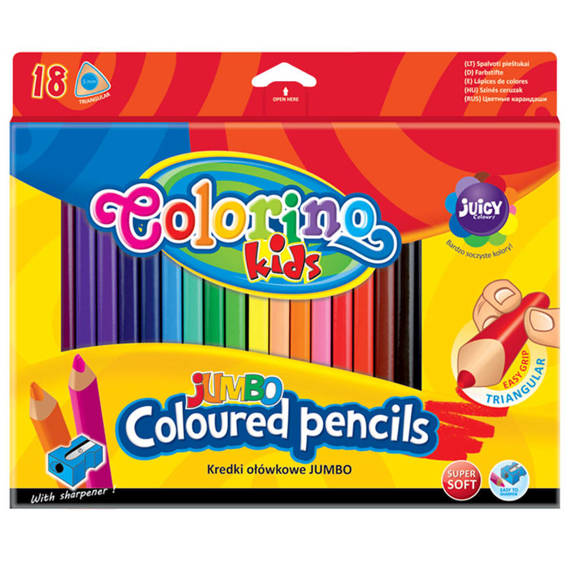 Kredki ołówkowe trójkątne 17,5 cm Jumbo 18 kol. + temperówka Colorino Kids 15554PTR/1