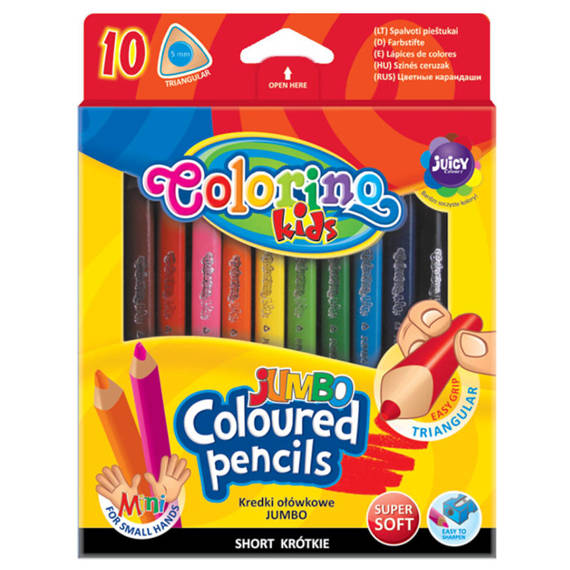 Kredki ołówkowe trójkątne 8,9 cm mini Jumbo 10 kol. + temperówka Colorino Kids 32964PTR