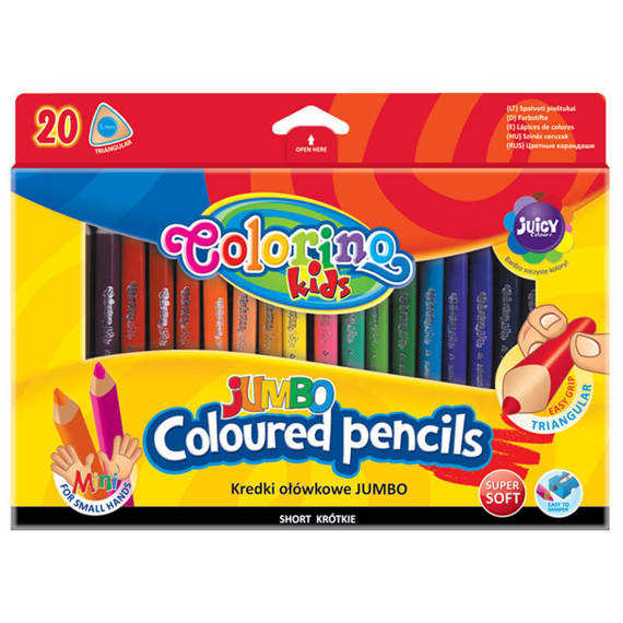 Kredki ołówkowe trójkątne 8,9 cm mini Jumbo 20 kol. + temperówka Colorino Kids 33077PTR